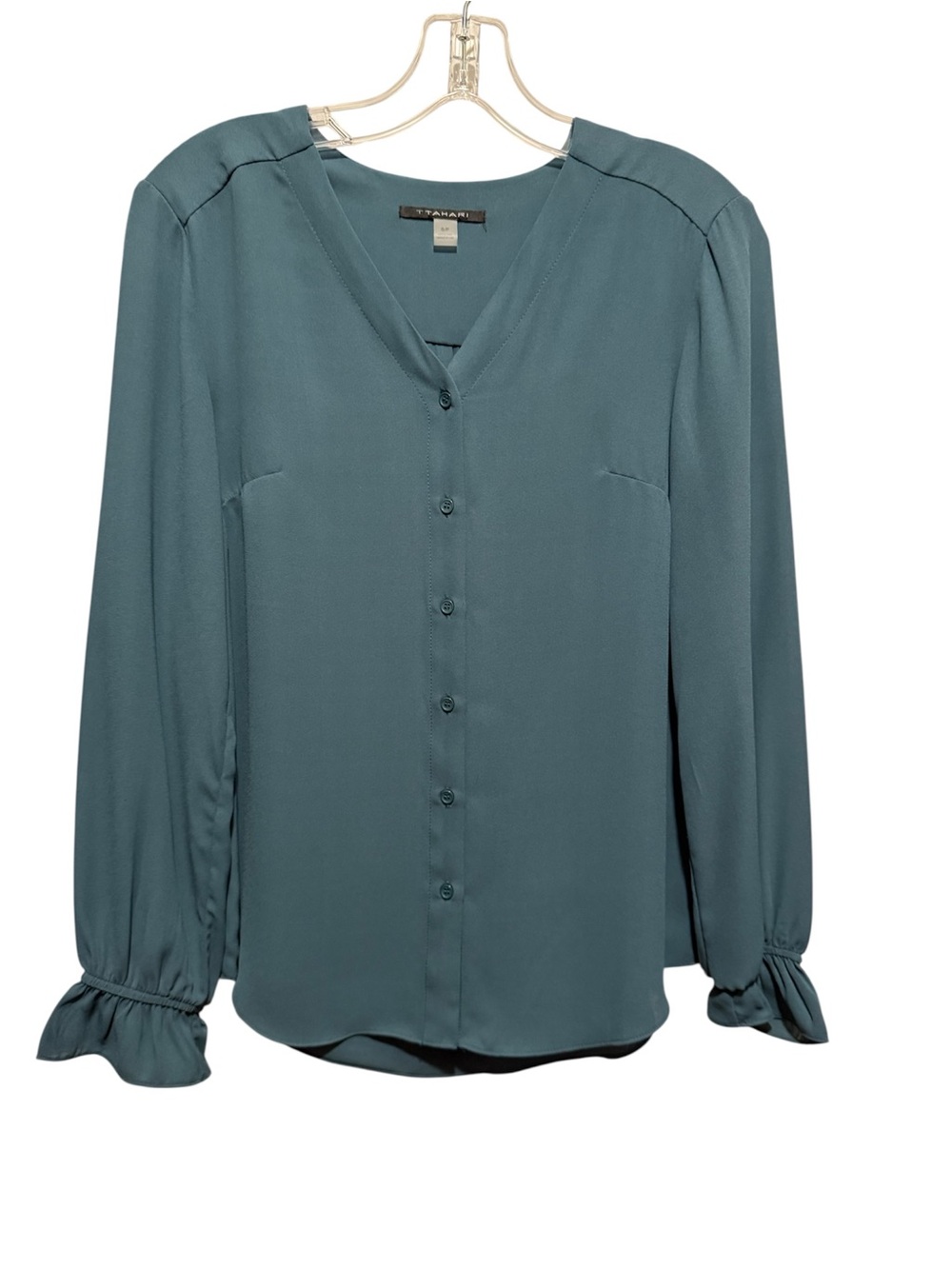 T Tahari Teal Button-Front V-Neck Blouse
